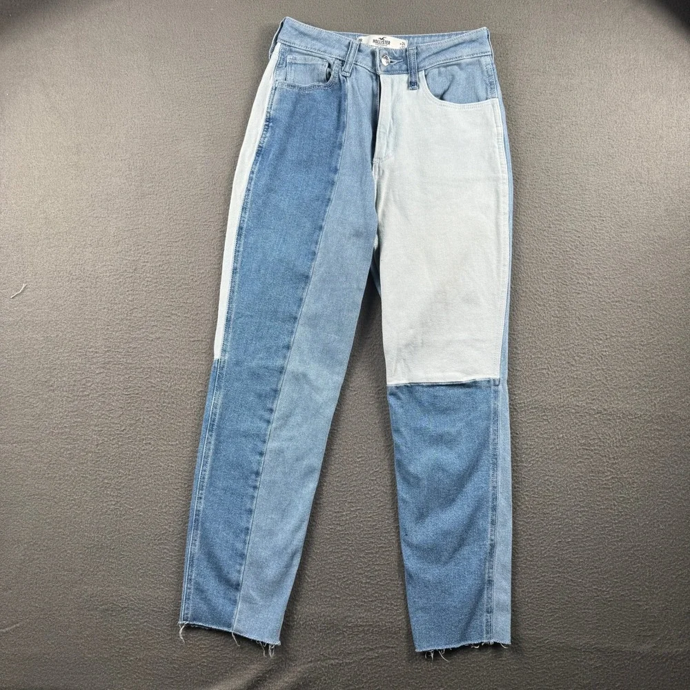 Hollister Curvy High Rise Mom Jeans Womens 0R W24 Colorblock Patchwork Raw Hem
